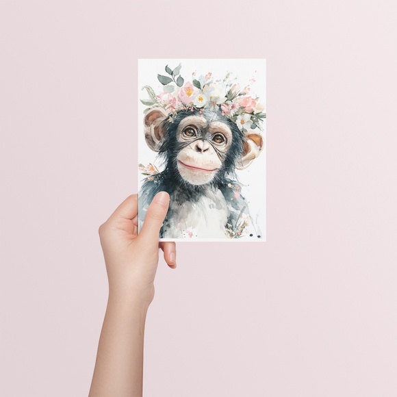Watercolor Floral Monkey Portrait Wall Art Print Unframed - Playful Jungle Charm - Picture 5 of 6